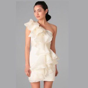 Marchesa Notte Silk One Shoulder Ruffle Mini Dress Size 6